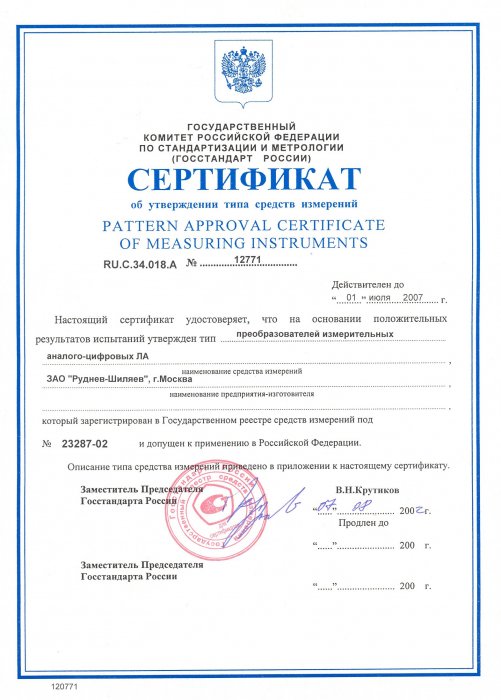 Сертификат об утверждении типа средств измерений 12771